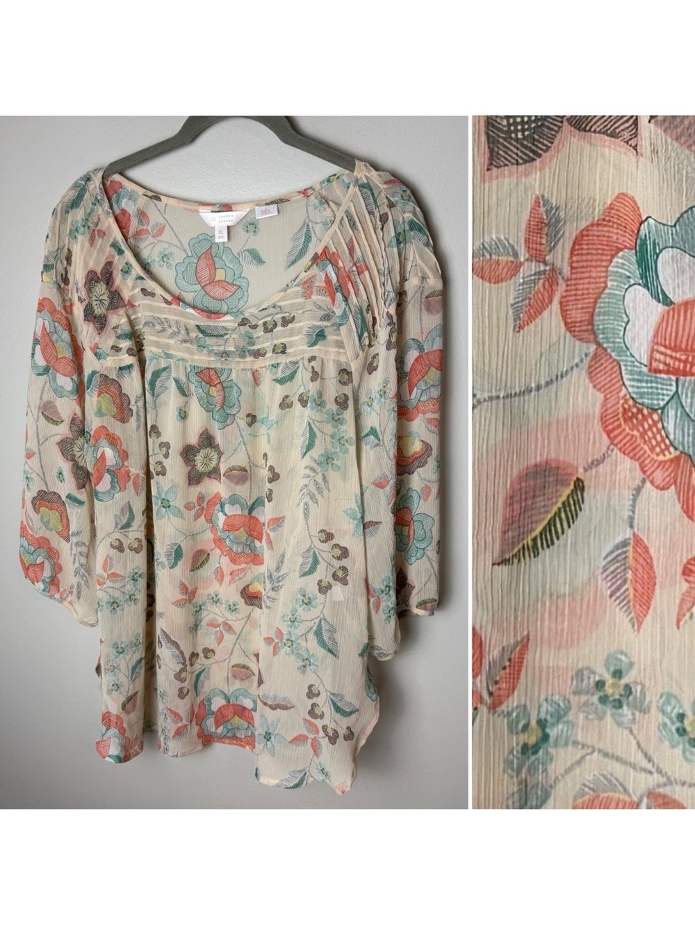 LC Lauren Conrad Blouse Size XL Floral Semi-Sheer Boho Peasant Top 3/4 Sleeves